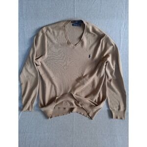 Polo Ralph Lauren Mens Large Pony Pullover V-Neck Knit Sweater Pima Cotton Choco